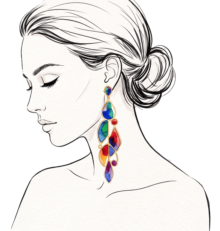 Illustration of a woman in profile wearing elegant multicolor stained glass drop earrings.