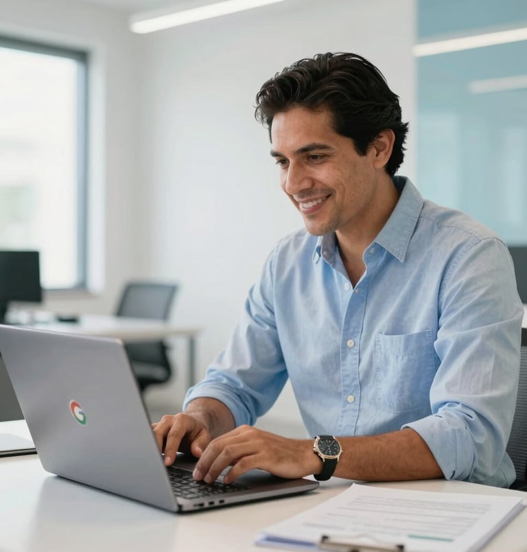 A medium shot of a local Mexican entrepreneur in a bright, modern office space, looking satisfied while reviewing a Google Business profile on a laptop. The scene is clean with white and light blue accents.