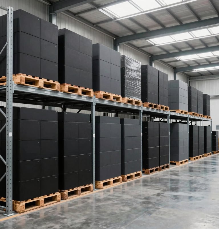 A wide-angle professional photograph of a modern, well-lit wholesale distribution facility in North America. High steel shelving units hold neatly stacked palletized goods in matte black and dark grey packaging boxes. Clean concrete flooring with subtle reflective sheen, bright daylight pouring through overhead skylights, high-end commercial aesthetic projecting reliability and order.