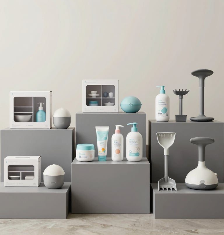 A crisp studio photograph showcasing diverse wholesale product categories arranged neatly on clean grey display platforms against a soft off-white backdrop in a modern North American facility. The scene includes boxed home organization items, sleek baby care products, compact gym equipment, and modern gardening tools organized systematically.