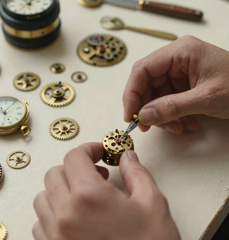 A close-up photograph of a meticulous artisan hand-assembling a collage using vintage clock parts, gears, and century-old watch movements. Soft natural lighting captures the warm antique gold and warm brown brass components against a rustic off-white cream table surface. Elegant, quiet, sophisticated, macro details, North American and Western European vintage art collectors style.
