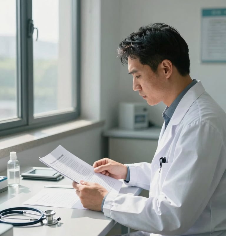 Environmental medium shot inside a clinical consultation room, a male psychiatrist seated at a desk reviewing patient documentation under broad natural daylight from a large window to the left, stethoscope visible on the desk surface, clean institutional walls in the background, documentary framing with subject placed in the right third of the frame