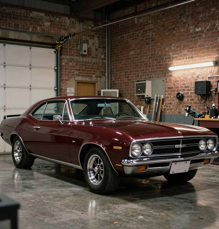 A classic vintage muscle car finished in deep burgundy with gleaming chrome trim, parked inside a gritty yet sophisticated Detroit garage with brick walls, soft ambient workshop lighting, nostalgic and masculine atmosphere, North American / Detroit US.
