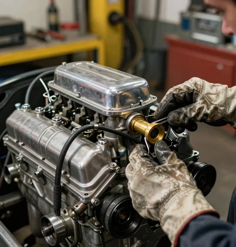 Close-up of mechanic hands in worn leather gloves working on a classic V8 carburetor engine, soft yellow warehouse light reflecting on polished steel and brass tools, vintage garage setting, North American / Detroit US.