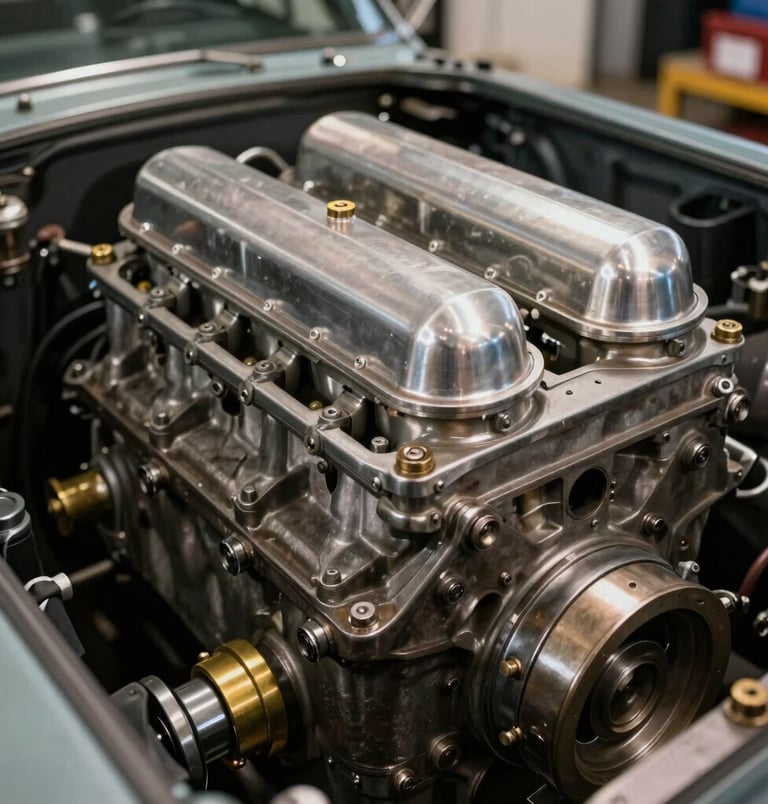 An artistic close-up photograph of a vintage V8 engine compartment, showcase of classic Detroit craftsmanship. Polished metallic silver cylinders, weathered dark iron engine block, and subtle gold brass hardware. Gritty yet sophisticated lighting casting deep shadows. North American / Detroit US workshop style.