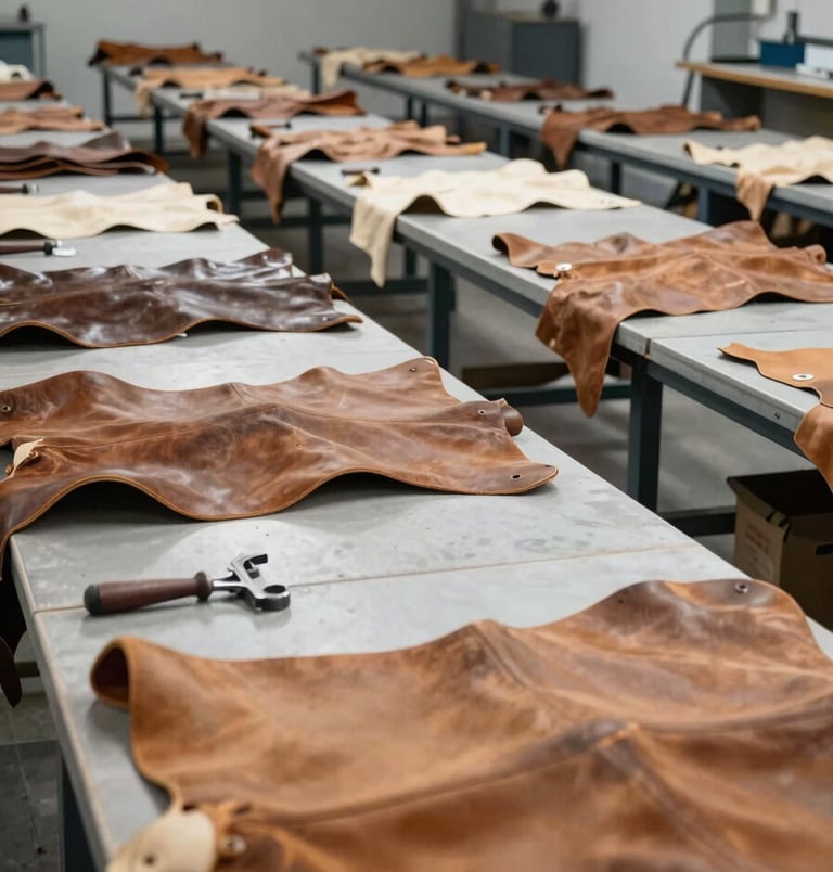 Wide shot of an organized leather manufacturing floor in cool diffused daylight, rows of cutting tables with precisely stacked hides in muted tans and browns, industrial precision visible in the alignment of tools and materials, no people, neutral background walls