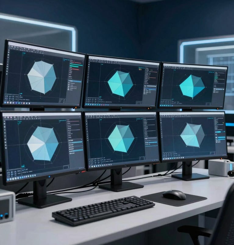 A modern technical workspace with multiple monitors displaying geometric 3D engineering models. The room features dark navy blue walls and light grey technical equipment with electric blue accent lighting.