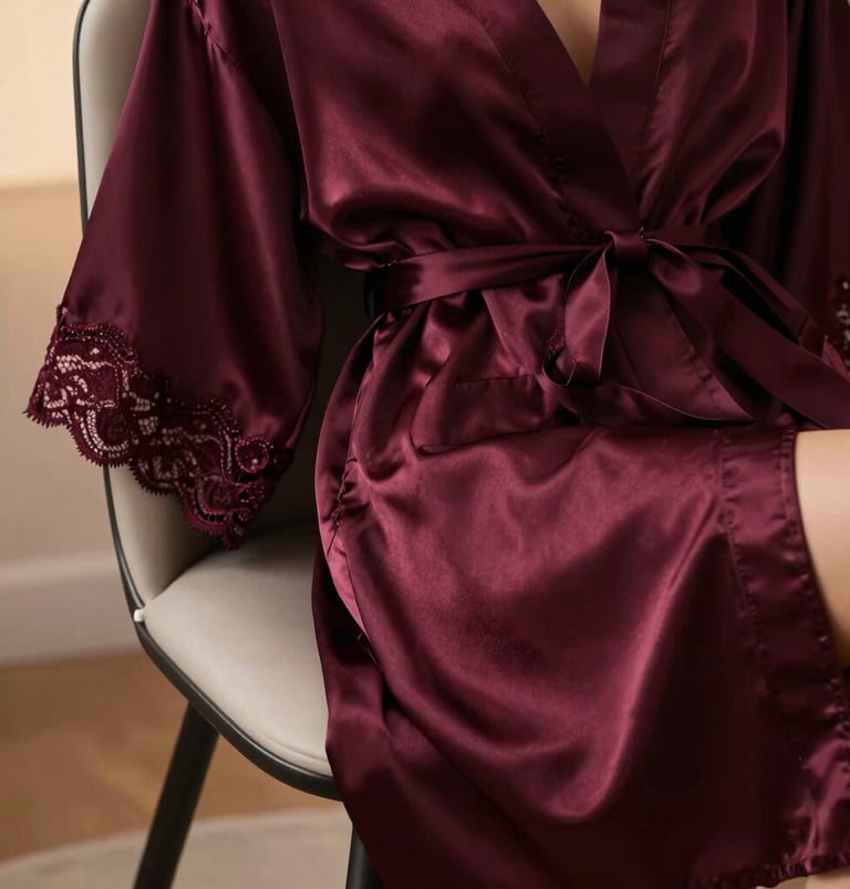 A high-fashion, intimate close-up photograph of a luxury silk robe in deep burgundy wine draped elegantly on a modern minimalist chair. Soft, romantic lighting highlights the exquisite texture of the lace trim. Warm ambient glow, sophisticated and seductive mood. Global / Western style.