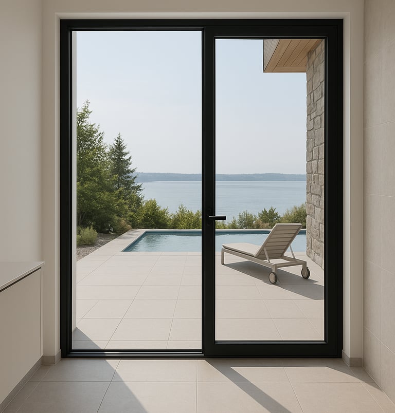 a large sliding glass door with a pool and lounge chairs