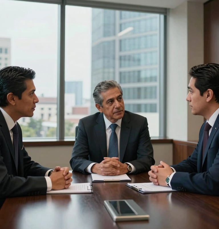 Professional photography of Mexican / Latin American attorneys conferring around a dark slate boardroom table in a high-rise office in Monterrey, Mexico.