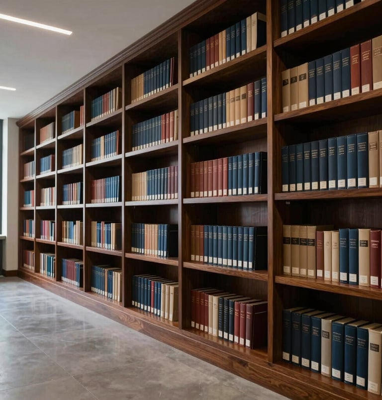 Interior photography of a modern corporate law library in Monterrey, Mexico, featuring rich mahogany bookshelves and soft elegant lighting in deep navy and grey tones.