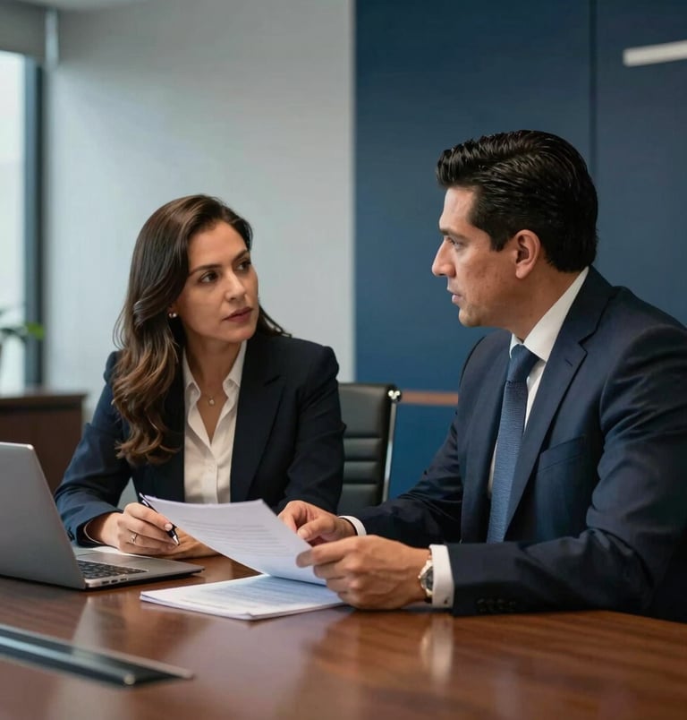 Two professional Mexican / Latin American attorneys, a man and a woman in formal business suits, discussing legal contracts in a modern conference room in Monterrey, steel blue and dark navy corporate backdrop, daytime soft light.