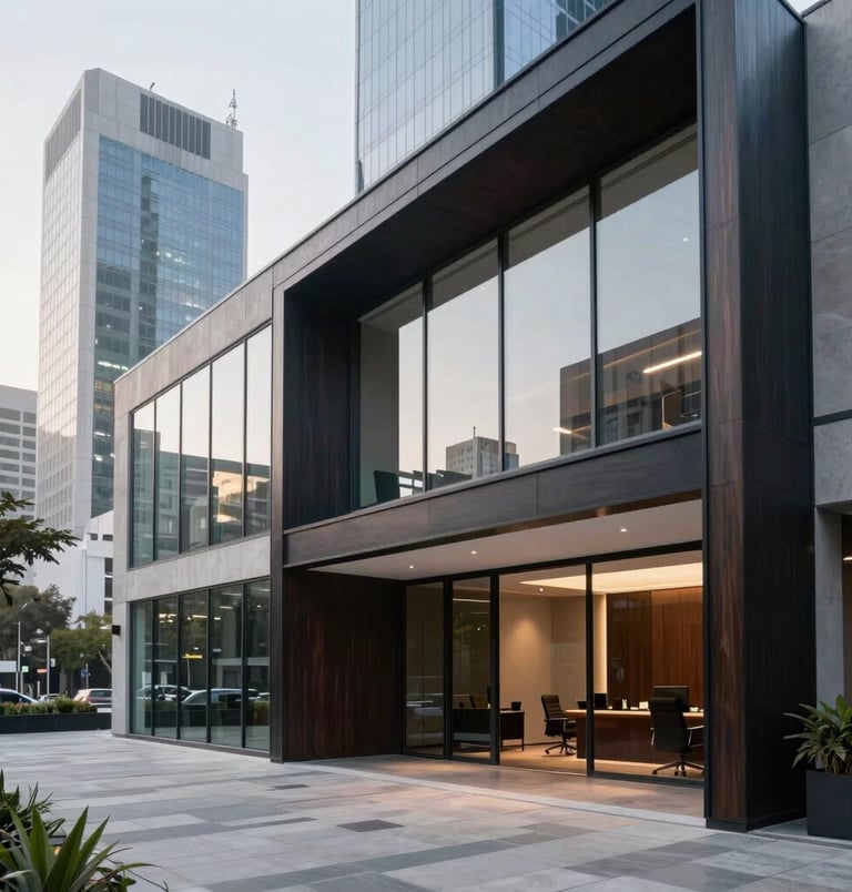 A sleek and modern corporate law office in Monterrey, Mexico, featuring clean architecture with large window glass overlooking urban skyscrapers, dark navy wood accents, soft daylighting, elegant Latin American professional setting, wide angle photography.