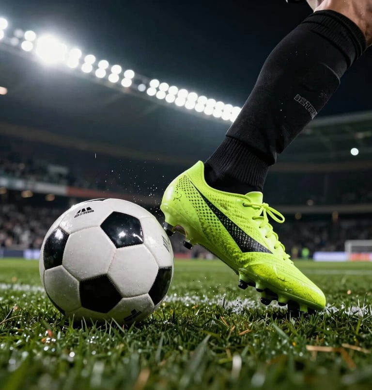 Low-angle dramatic close-up of a football boot striking a ball on a penalty spot under stadium floodlights, grass flying, high contrast.