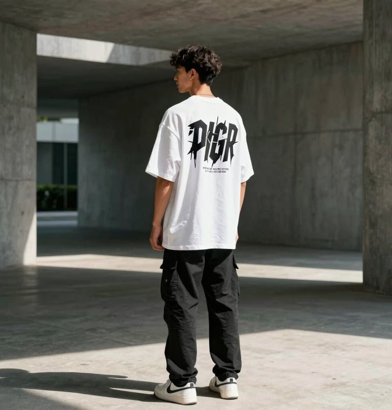 Full-length editorial portrait of a male model wearing an oversized white streetwear tee with bold black graphic print on the back, standing in a sleek minimalist concrete corridor in a North American / Global Urban location, harsh direct sunlight and sharp shadows.