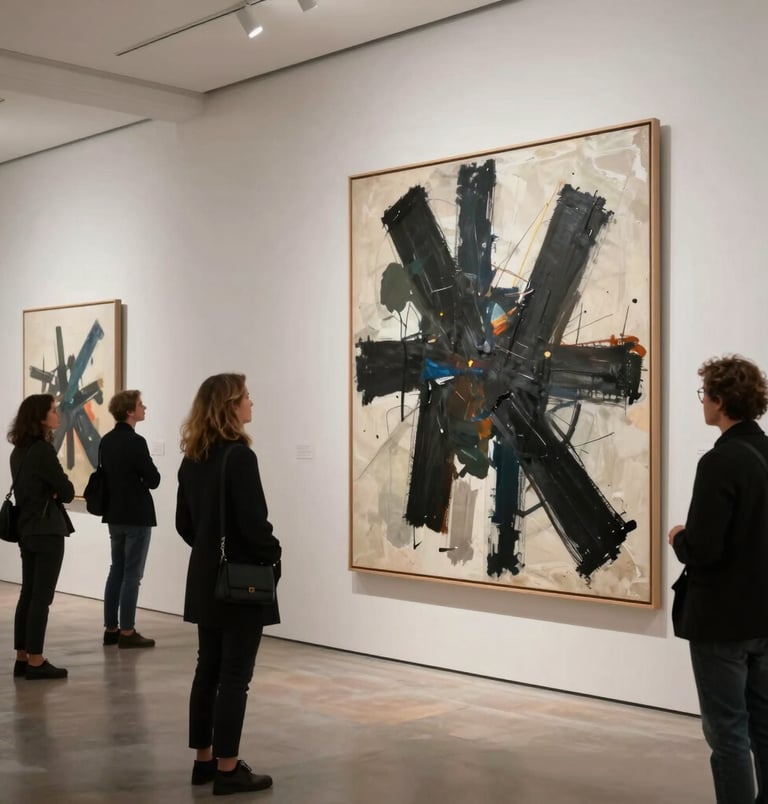 A sophisticated modern art gallery in a Global / Cosmopolitan Urban center. Large abstract expressionist canvas paintings with dark textured strokes are spotlighted on minimalist walls. Chic visitors observe with intense focus.