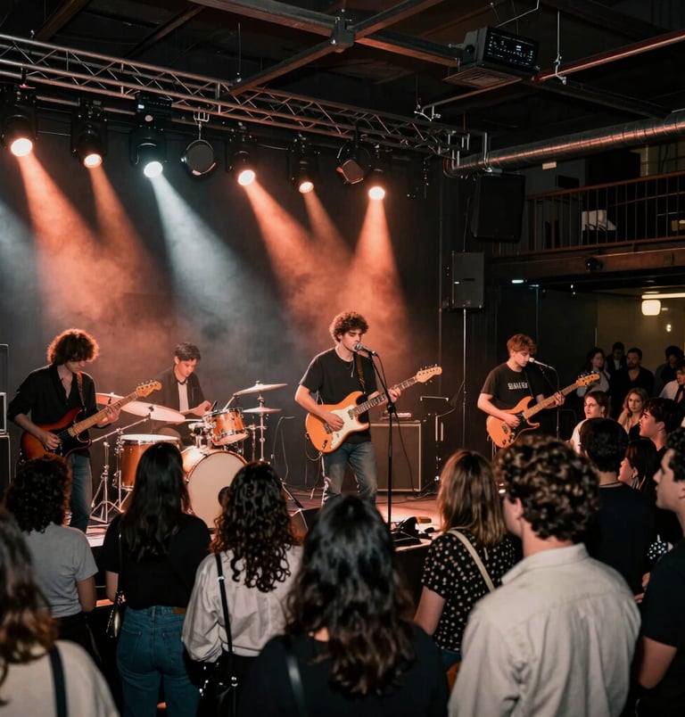 An intimate live music concert in a Global / Cosmopolitan Urban warehouse venue. Vibrant copper spotlights illuminate a raw live band on stage. The atmosphere is electric, moody, and exclusive with a stylish audience.
