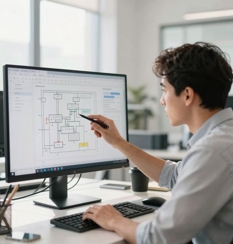 A focused IT professional reviewing system architecture diagrams on a screen in a bright, modern office with soft natural daylight, 35mm lens.