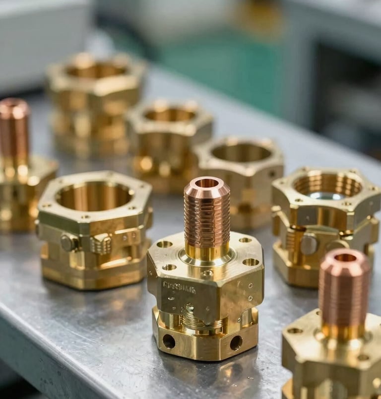 A sharp, close-up photograph of premium brass cable glands and copper lugs neatly arranged on a clean industrial metal surface. The lighting is professional and bright, highlighting the metallic textures. The scene is set in a high-tech South Asian electrical manufacturing facility.