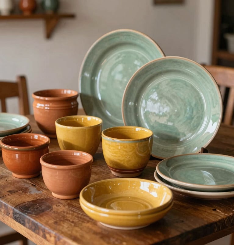 A beautiful display of colorful artisan ceramic cups and plates arranged on a rustic wooden table in a South American / Brazilian home. The glazes feature rich terracotta, warm mustard yellow, and muted sage green hues.