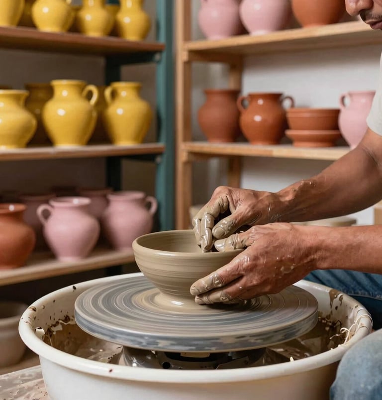 Artisan potter hands shaping a clay bowl on a traditional wheel inside a brightly lit South American / Brazilian studio. Surrounding shelves display ceramics glazed in warm mustard yellow, terracotta, and soft dusty rose pink.
