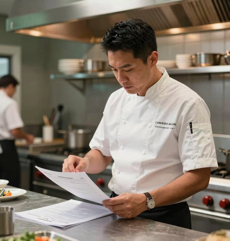 A professional North American / Canadian chef consultant standing in a modern restaurant kitchen wearing clean chef attire, reviewing printed operational guidelines on a stainless steel prep station with sage green and warm copper ambient lighting.