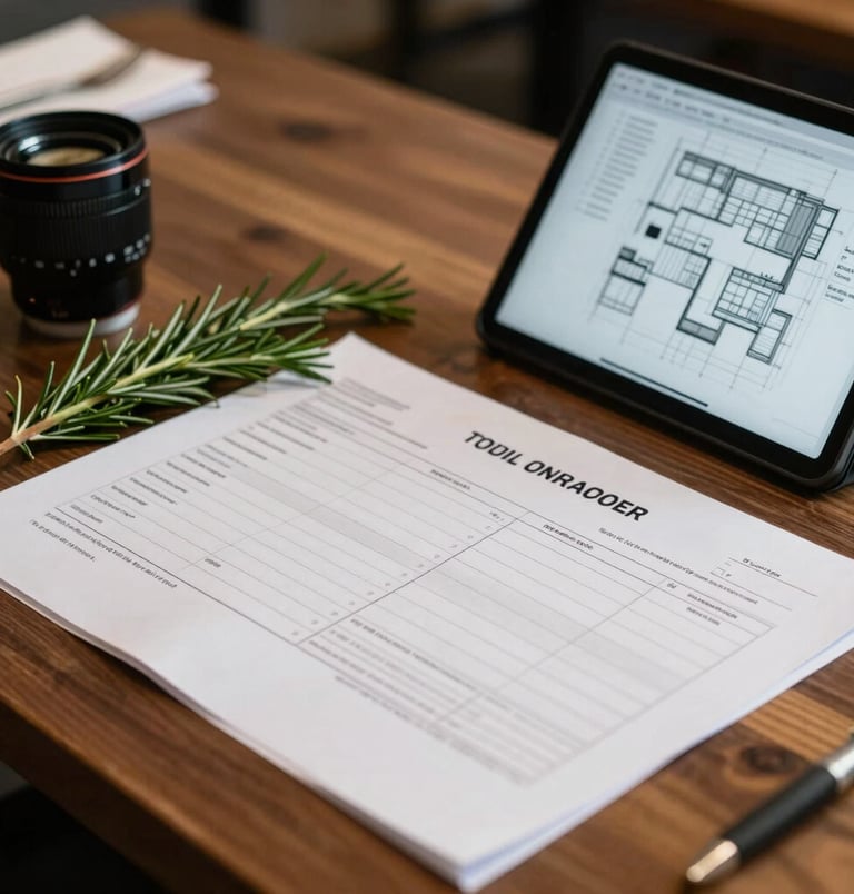 An organized executive desk in a North American / Canadian restaurant office with food costing worksheets, invoice tracking logs, fresh rosemary sprigs, and a tablet displaying kitchen layout blueprints under warm directional lighting.