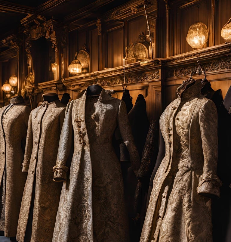 Row of Victorian-style coats in gold with brocade detailing
