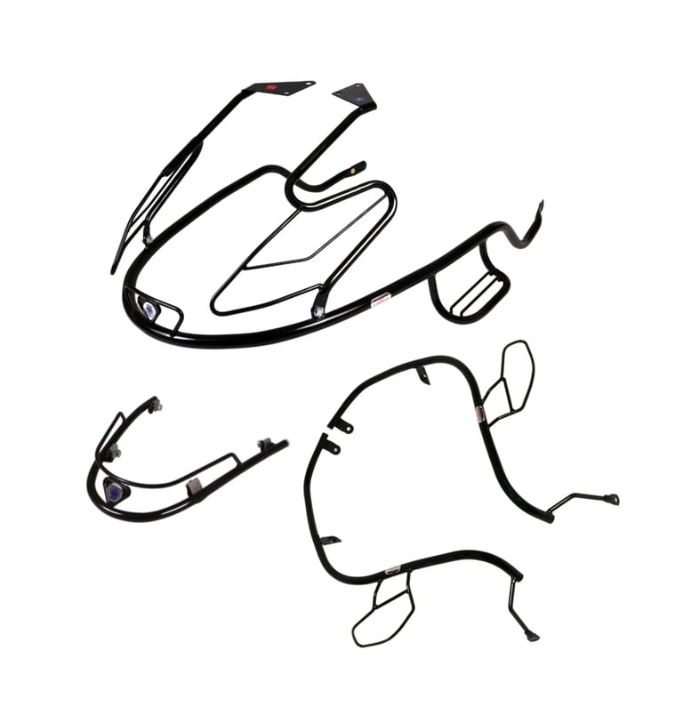 Black metal guard set for a two-wheeler, featuring various components for front, side.