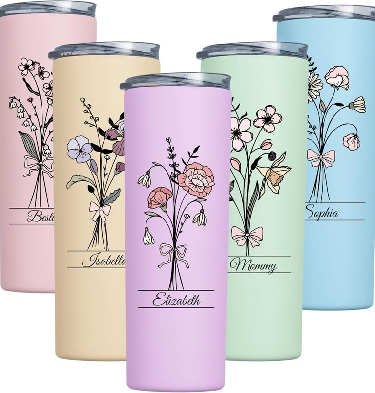 a variety of colorful colored tumbler cups with flowers