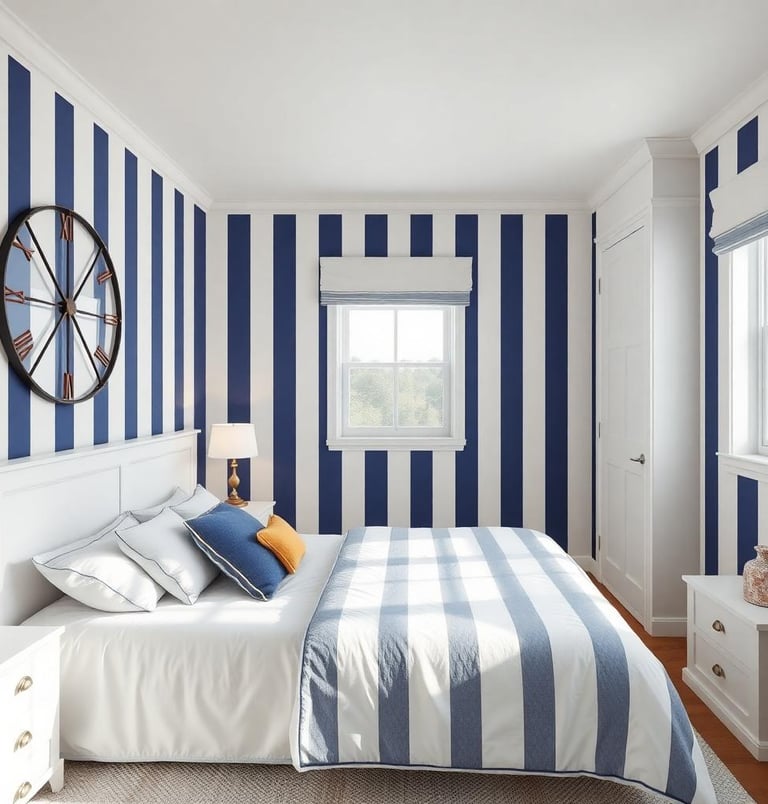 a nautical bedroom with a large bed and a clock on the wall