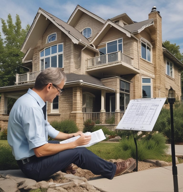 un homme qui lit un document devant sa maison