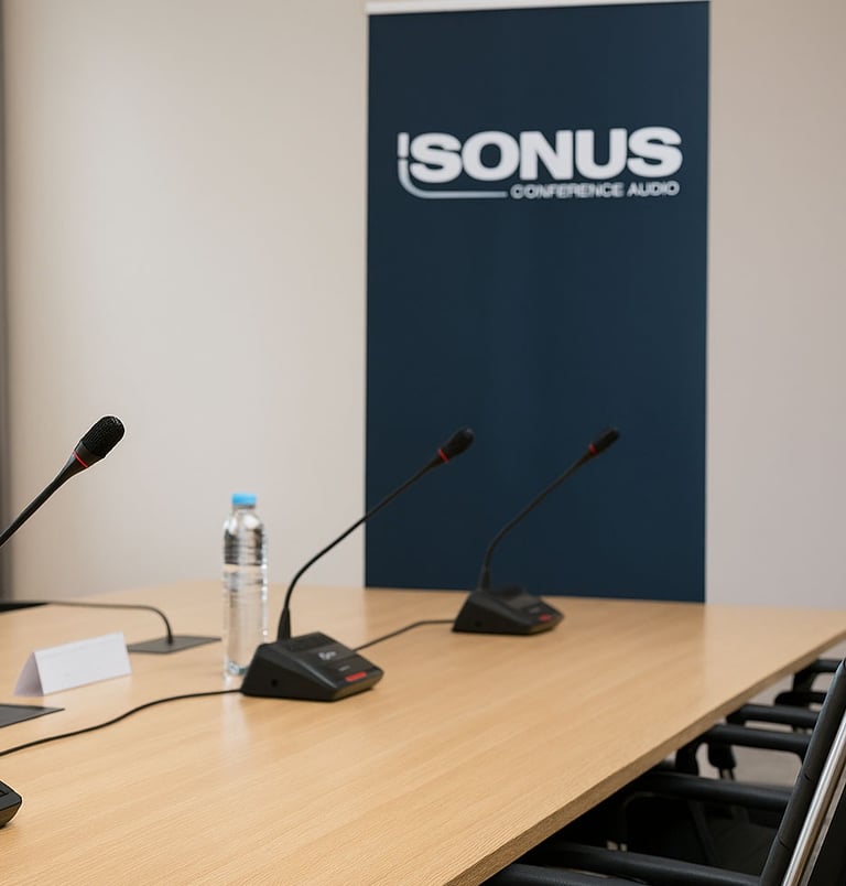 Modern conference room setup with Sonus branding and gooseneck microphones for delegate and chair in Dubai