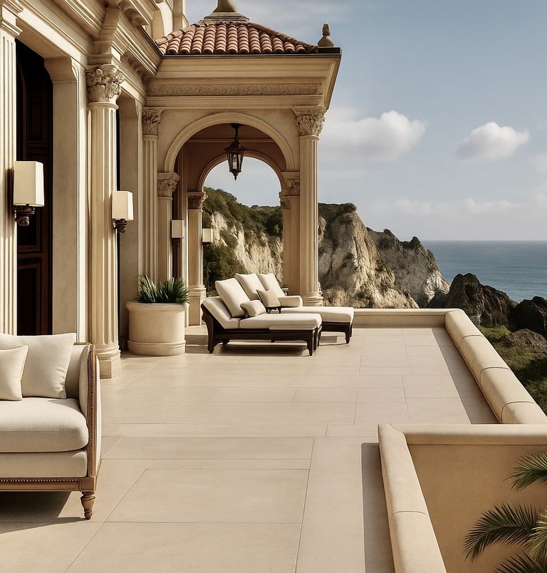 Mediterranean luxury villa terrace with sea view sunset