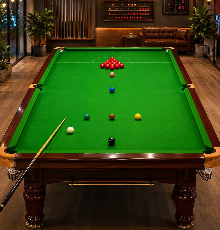 Professional snooker table with colored balls and cue in a luxury game room.