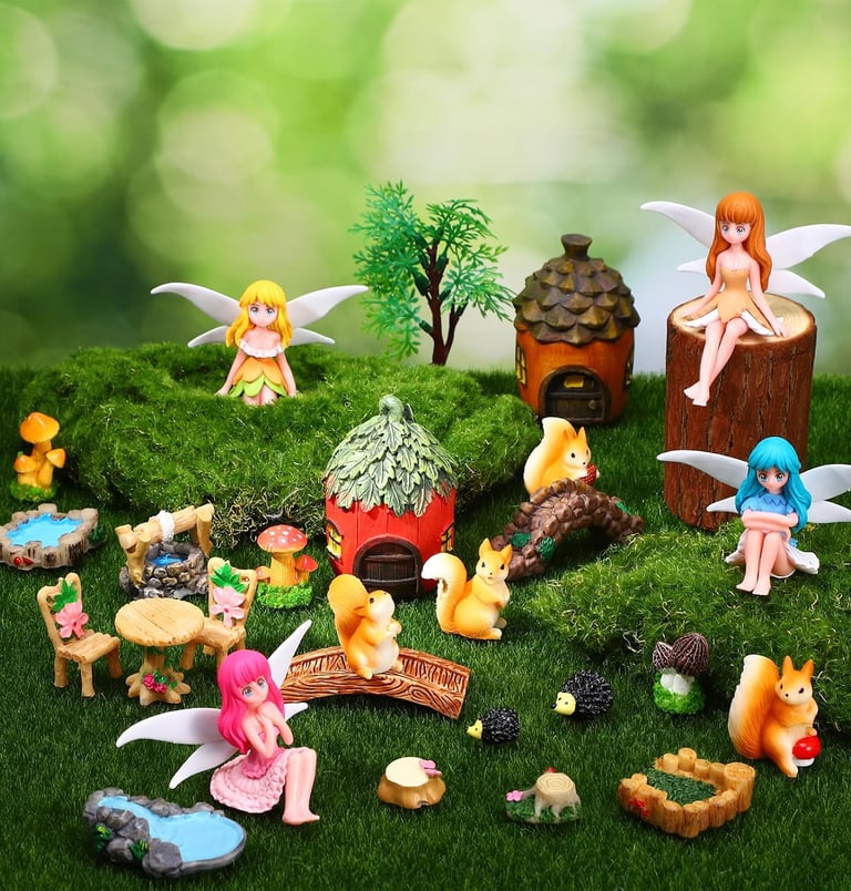 Magical fairy garden kit with miniature figurines, fairies, squirrels, and tiny houses on mossy grass.