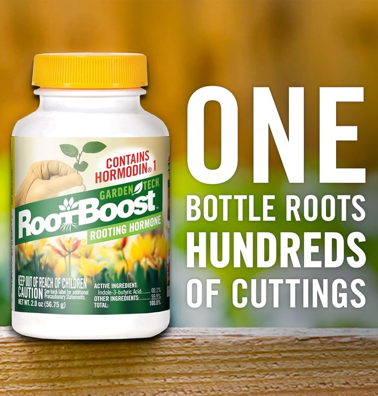 GardenTech RootBoost rooting hormone bottle for plant cuttings with Indole-3-butyric acid.