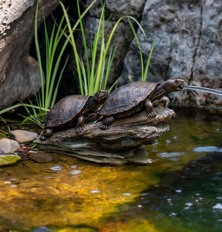 Bronze turtle fountain spitting water into a garden pond with decorative rocks and plants.