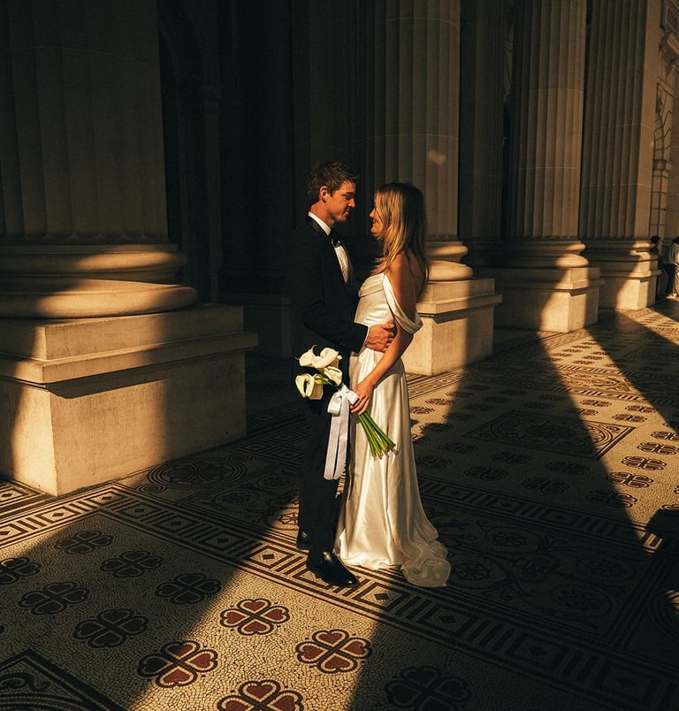 Editorial wedding couple portrait Melbourne architecture natural light photography Parliament House