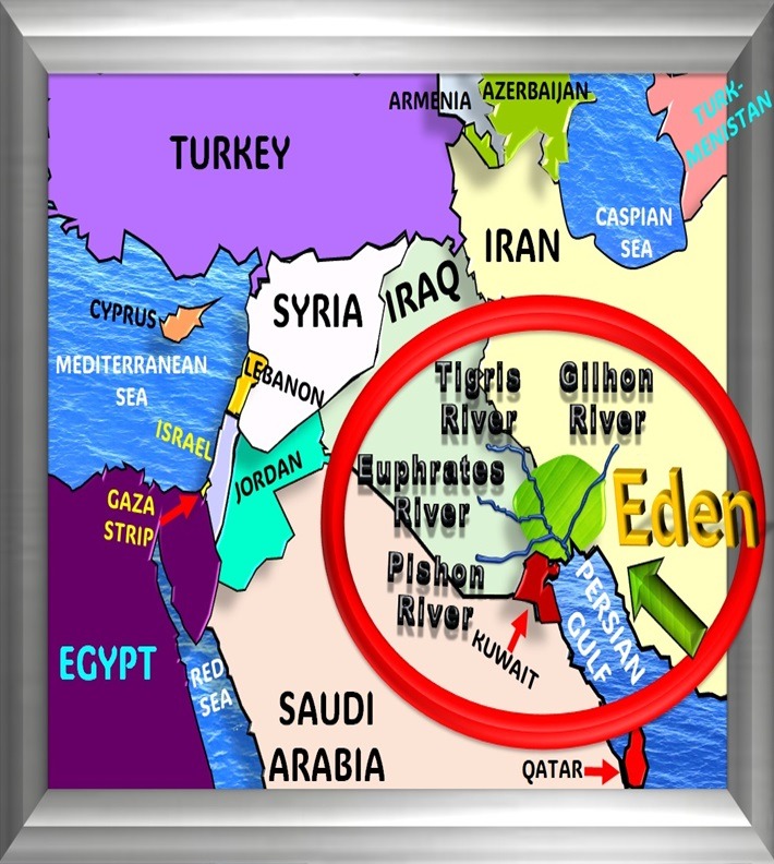 Probable location of the Garden of Eden. Map is not to scale Eden - designed by Debbie Dunn using Po