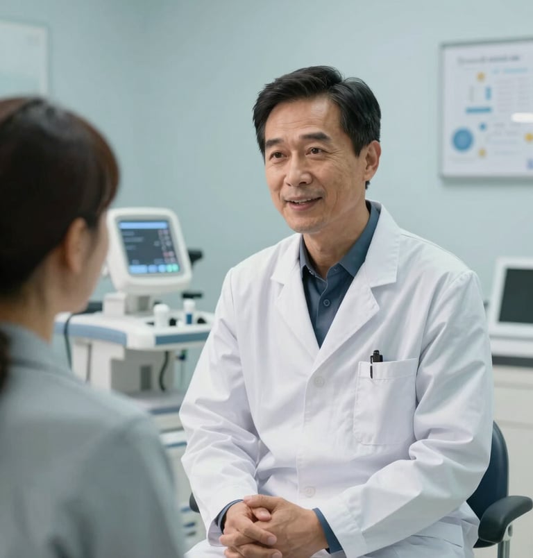A professional medical practitioner in a white coat speaking kindly with a patient in a bright, modern North American / US clinic exam room. The setting is clean and welcoming with subtle dusty blue wall accents and high-end medical equipment in the background.