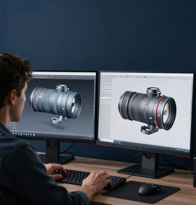 An over-the-shoulder shot of a designer in a high-tech studio in Spain working on a complex CAD 3D model on a dual-monitor setup. High-end computing station, dark navy blue background, minimal industrial aesthetic.