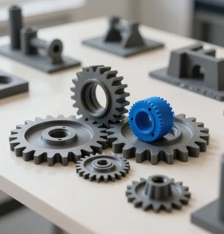 A close-up photograph of high-tech, custom-fabricated 3-D printed mechanical gears and architectural models on an off-white table. Modern, clean Swiss-style design studio in Southern Europe. Soft natural lighting with high-contrast slate gray and electric blue accents, professional presentation.