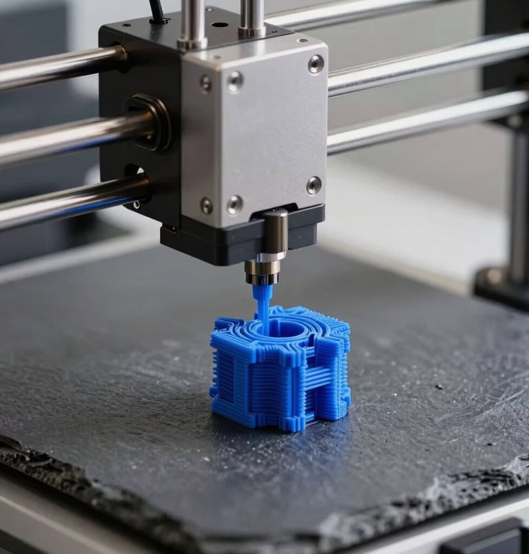 A macro photograph of a 3-D printer extruder nozzle depositing electric blue filament, forming a complex geometric piece with micro-level detail. Sharp focus, clean industrial studio setting with slate gray tones and premium technological precision.