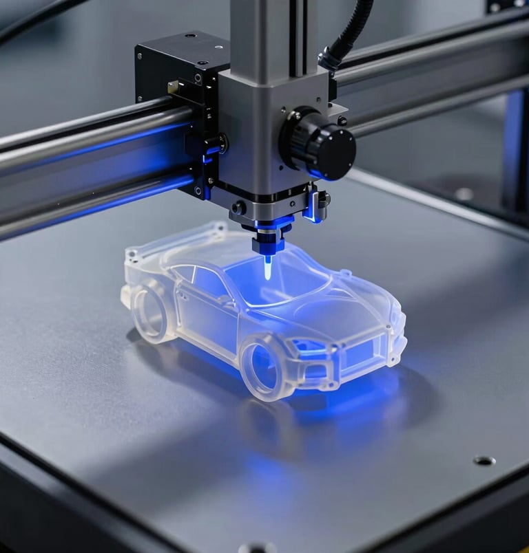A high-precision industrial SLA resin 3D printer carefully curing a translucent mechanical prototype of an automotive part. The light is a crisp ultraviolet glow mixed with clean electric blue highlights, casting subtle shadows on a matte gray surface. Studio photography, premium tech aesthetic with abundant clean whitespace. Spain / Southern Europe.