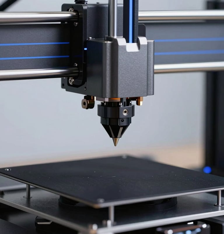 Close-up of a high-tech FDM 3D printer nozzle actively extruding a precise black polymer structural component layer by layer. Crisp lighting highlighting the sleek metallic assembly and glowing electric blue accent lines on the machine. Minimalist background, high-end industrial environment in Spain / Southern Europe.