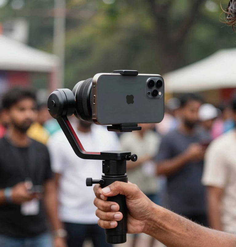 Dynamic close-up of a creator holding an iPhone on a professional gimbal, bright natural outdoor light, capturing a high-energy street dance event in Bengaluru.