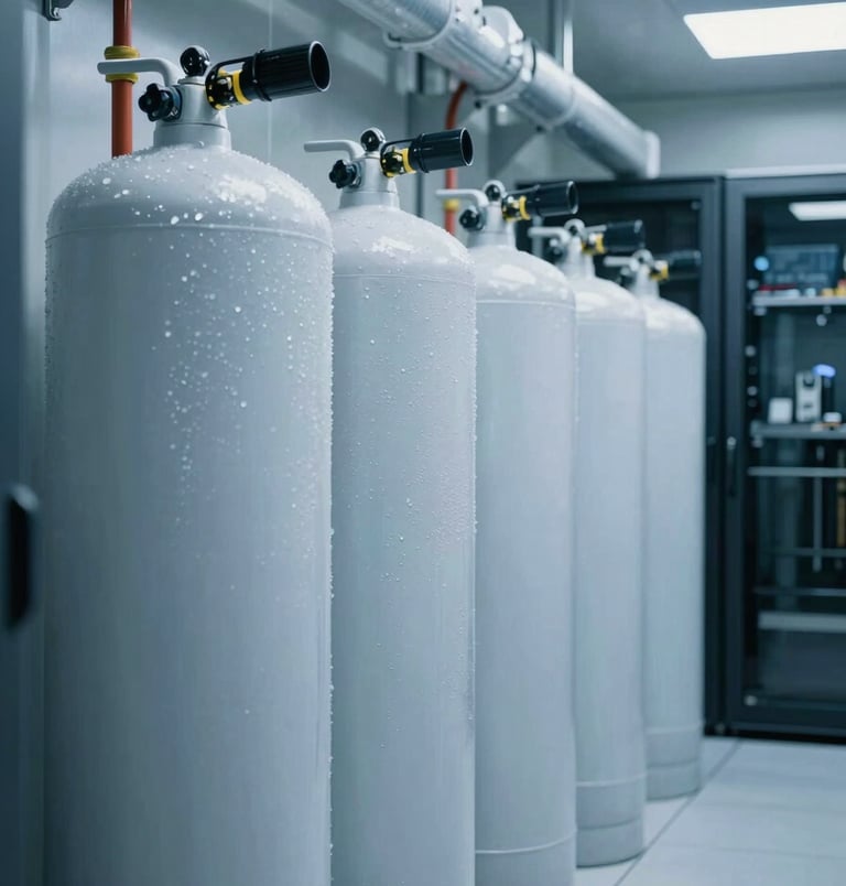 A row of high-pressure gas fire suppression cylinders professionally installed in a clean, modern data center environment with cool ice white and muted steel blue lighting.