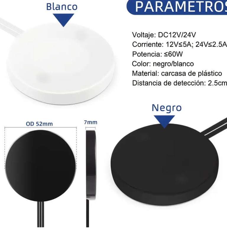 Sensor inteligente 12/24V: hasta 60W de potencia, disponible en blanco o negro.