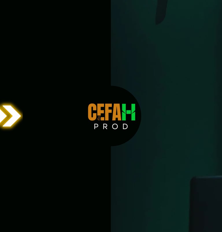 CEFAH PROD logo with a glowing yellow arrow and a fluffy alpaca in a dark studio setting.